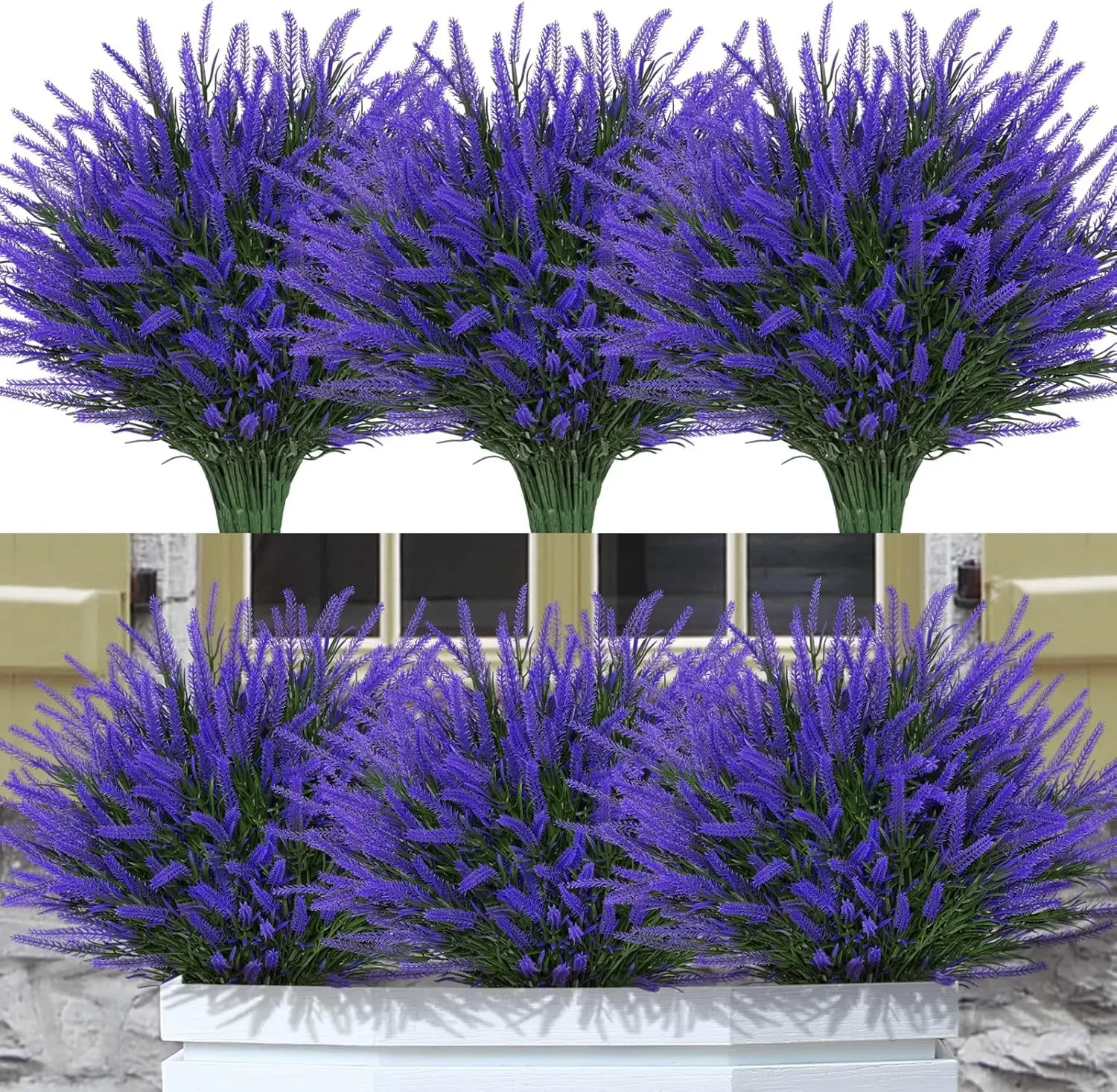 12 Bundles Fake Outdoor Flowers UV Resistant Plants Artificial Lavender Faux Plastic Shrubs Window Box Garden Porch Home Decor(Purple)