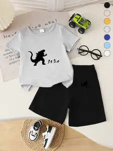Summer Boys' T-Shirt Short Sleeve + Loose Shorts Set, Godzilla Cartoon Pattern, Godzilla Print, Comfortable Casual Wear for School and Outdoor Play