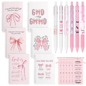 6 Sets Coquette Spiral Notebooks Pink Bow Christian Notebooks Bible Verse Notebook Journal with Pink Ribbon Bookmarks and Retractable Ink Pens Christian Gifts for Women, 5.5"x 8.3"
