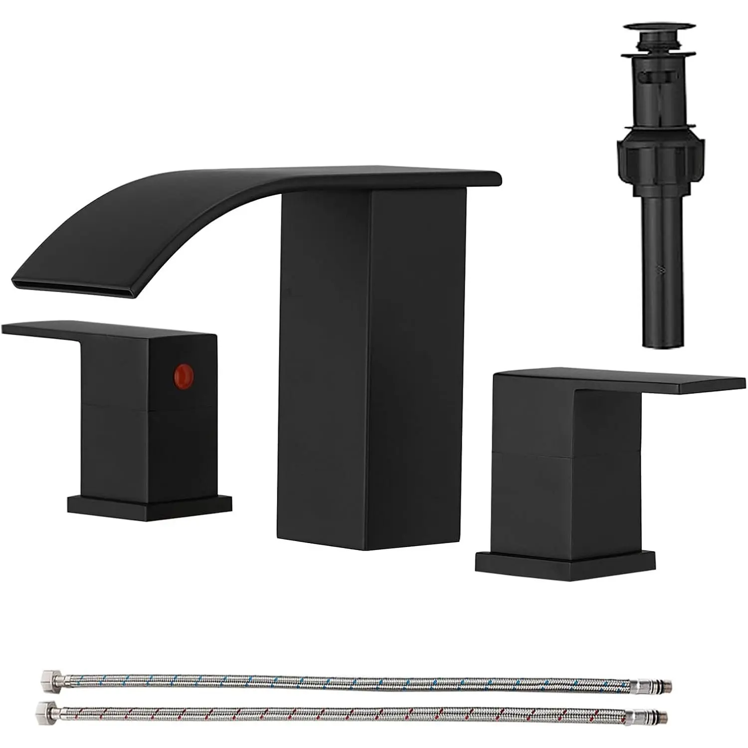 8 inch Bathroom Faucets Set Matte Black Bathroom Sink Faucet 3 Hole with Pop Up Drain Widespread 2 Handles Stainless Steel Lavatory Vanity Faucet Waterfall Spout Deck Mounted