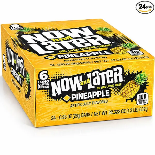 Now and Later Original Pineapple Chewy Candy - 0.93 oz 24-Bar Boxed Pack, Low Sodium Sour Tropical Sweet Treat, American Snack Candy