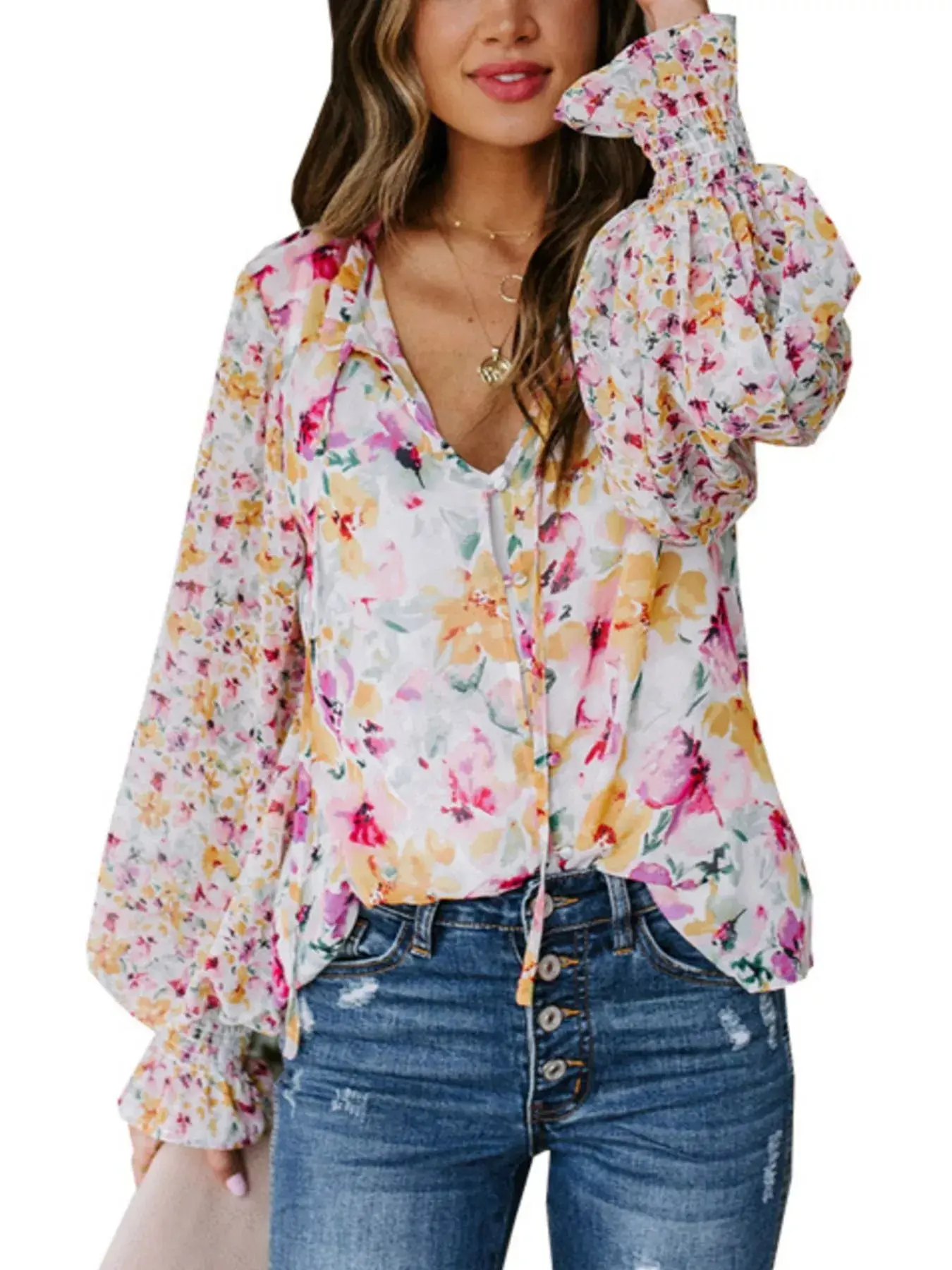 Floral Print Smocked Cuff Blouse Plus and Regular Sizes