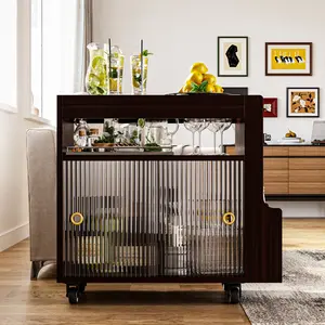 FUFU&GAGA Kitchen Storage Cabinet Dish Cabinets Counter Top Rack Small Cabinet Storage Container Sideboard Food/Bottle Organizer with Glass Sliding Doors with Wheels