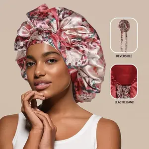 Satin Hair Bonnet for Sleeping Non-Slip Hair Wrap for Curly Hair Reversible Design with Elastic Band Comfortable Sleep Accessory Haircare Heatless Floral Orange