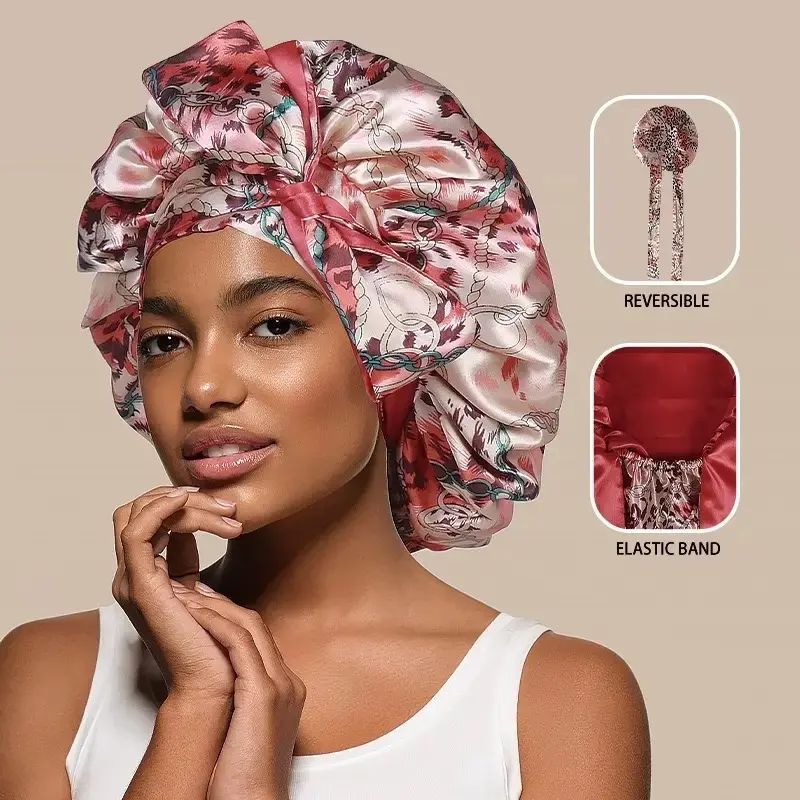 Satin Hair Bonnet for Sleeping Non-Slip Hair Wrap for Curly Hair Reversible Design with Elastic Band Comfortable Sleep Accessory Haircare Heatless Floral Orange