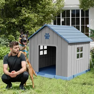 RIWENGO Durable Waterproof Plastic Dog House for Small to Large Sized Dogs Indoor Outdoor Elevated Floor UV Resistant Air Vents Drainage Holes Ground Nails Easy Clean and Assemble Summervibes