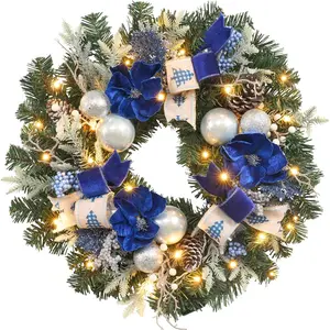 22inch Pre-Lit Christmas Wreath for Front Door with Timer 25 Lights, Silver Blue Lighted Wreath for Fireplace Window Table Centerpiece Indoor Outdoor Holiday Magnolia Winter Decor