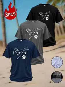 3-Pack Men's Dog Print T-Shirts, Summer Breathable Round Neck Short Sleeve, Casual Slim-Fit Long Tee, Pet Lover Fashion Top