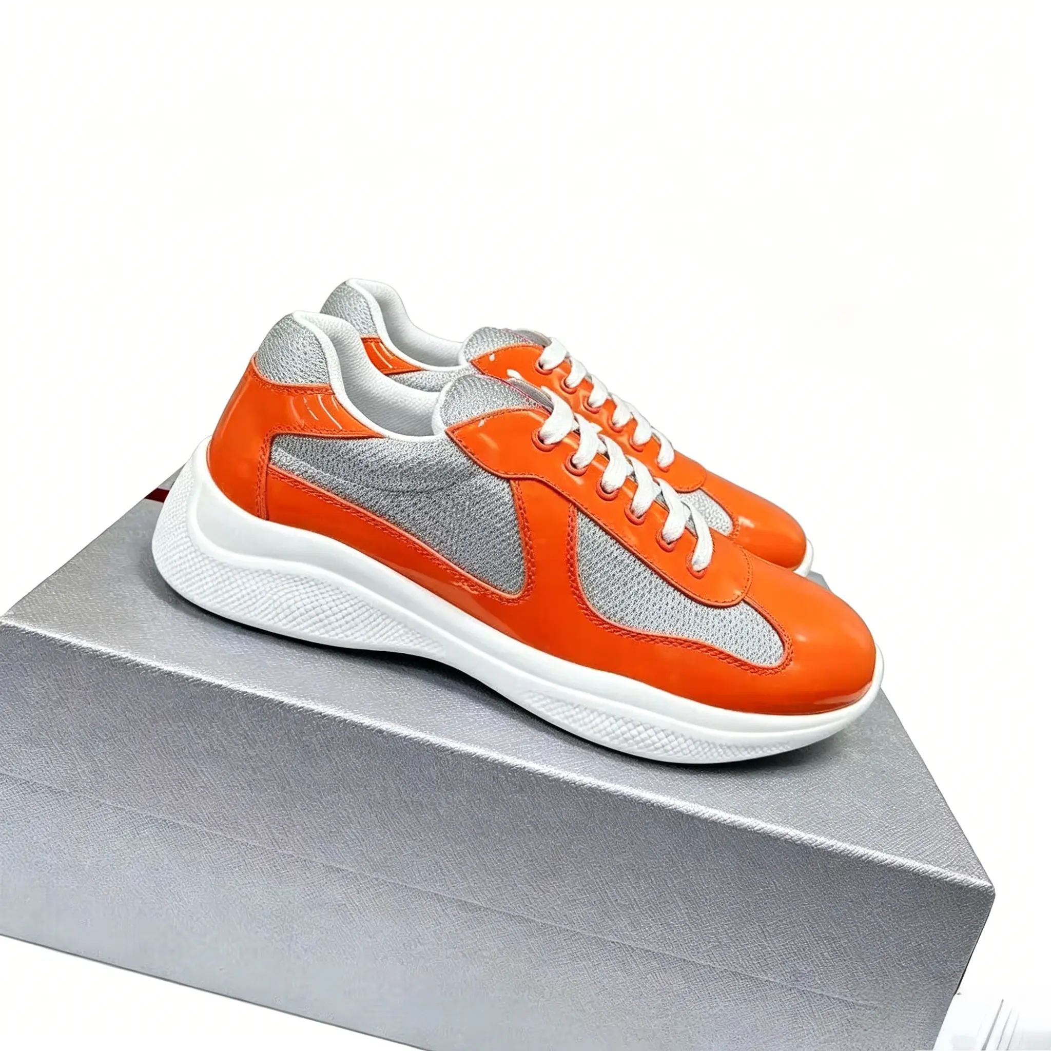 Men's Casual Fashion Sneakers Breathable Mesh & Glossy Patent Leather Walking Shoes Lightweight Comfortable Lace-Up Athletic Shoes for Men Non-Slip White Sole Orange Grey Daily Work Travel Trainers Men's orange grey patent leather mesh sne