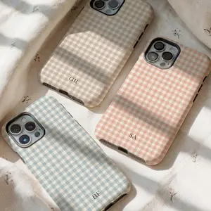Boho Gingham Personalized Monogram Phone Case Initials iPhone 16 15 14 13 12 11 Pro Max, Samsung Galaxy S25 Ultra Custom Case, iPhone 8Plus