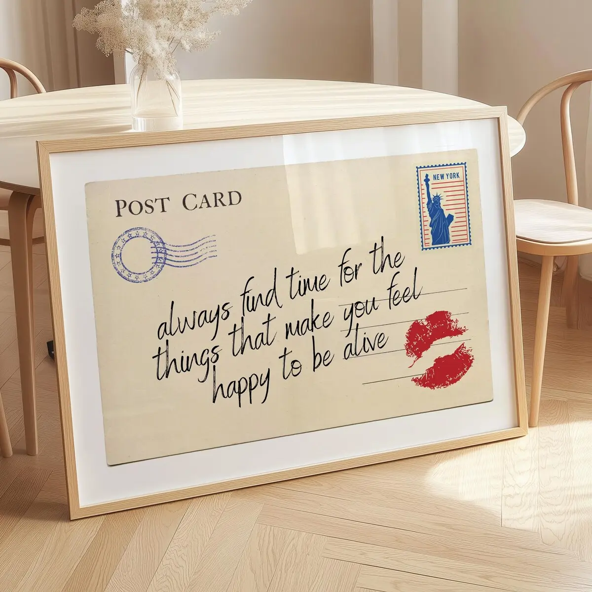 Vintage Postcard Quote Wall Art, Romantic Kiss Lips Print with New York Stamp, Bookish Affirmation Cream Poster for Home Decor, Horizontal Design, Unframed