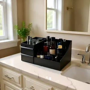High-end Men's Storage Box Black Large-capacity Desktop Organizer with 7 Compartments 2 Extra-deep Drawers Waterproof Dust-proof for Shaving Products Perfumes Skin Care Items Ideal for Bathroom Vanity Tables Offices Men's Gift