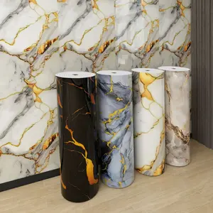 1 Roll 15.7x118 Inches Faux Marble Gold Vein 3D Tile Stickers, Self-Adhesive Oil-Proof Waterproof Wallpaper, Wall Renovation Decals, Decorative Stickers, Marble Pattern Sticker, Luxury Gold Texture 3D Embossed, Peel and Stick Easy Clean Removable