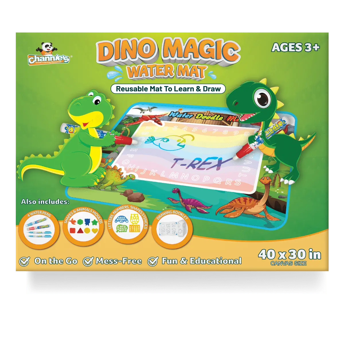 Channie's Reusable DINO Aqua Magic Water Doodle Mat - BPA-Free Activity Mat for Kids, Animals & Nature Themed Educational Arts & Crafts Toy for Birthday Parties