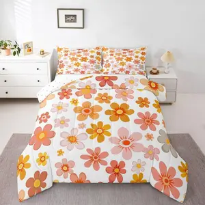Groovy Flower Bedding Set,| Vintage Floral Comforter Set,Geometric Hippie Garden Funky Down Comforter Soft Warm Pastoral Style Quilt Bedroom Decor,