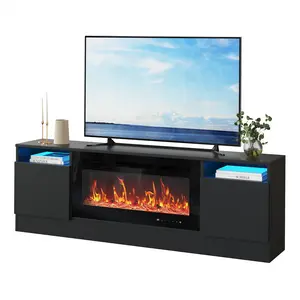 Fireplace TV Stand with Storage Cabinet and Cable Management, Modern Entertainment Center with Fireplace Insert Space, Engineered Wood Media Console with Side Cabinets and Open Shelf for Living Room Bedroom in Black White or Gray