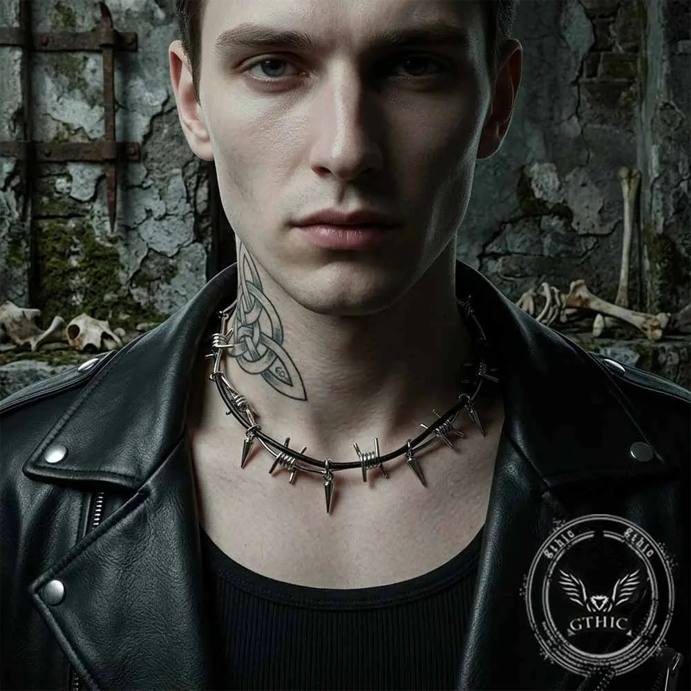 GTHIC Gothic Barbed Wire Spiked Zinc Alloy Clavicle Necklace Statement Fashion Jewelry for Night Out or Casual Wear