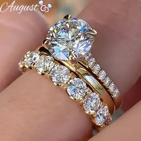 Women's 3-Piece AAA Grade Round Cubic Zirconia Artificial Gemstone Ring Set - Layered Elegance, Solid Sparkle, Multi-Size for Wedding Promise & Bridal Engagement Jewelry