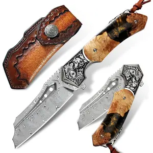 ALVELY Japanese handcrafted Damascus steel folding pocket knife, 3.5-inch high-hardness blade, frame lock, leather sheath, resin and maple wood handle, a perfect gift for men.