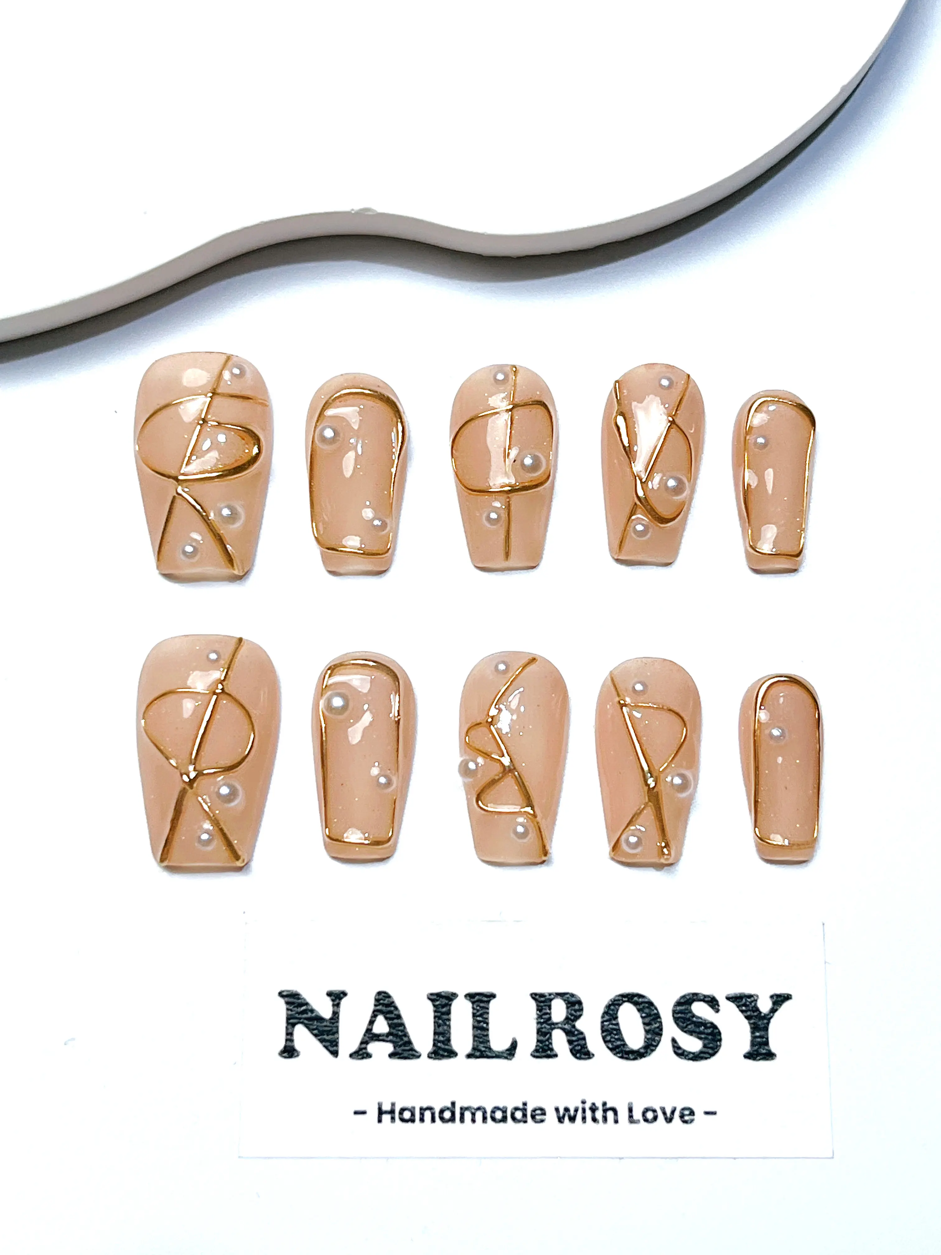 Nailrosy 10Pcs Handmade Short Coffin Press-On Nails, Cute Elegant Chrome Gold Liner Decor Supplies, Reusable Nail Press-Ons for Beauty Enthusiasts, Nail Press On Nails