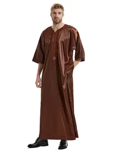 Muslim Middle East Men's Long Robe Outerwear Satin Medium Sleeve Embroidery, Traditional Arabic Clothing, Comfortable and Stylish, Premium Traditional Thobe