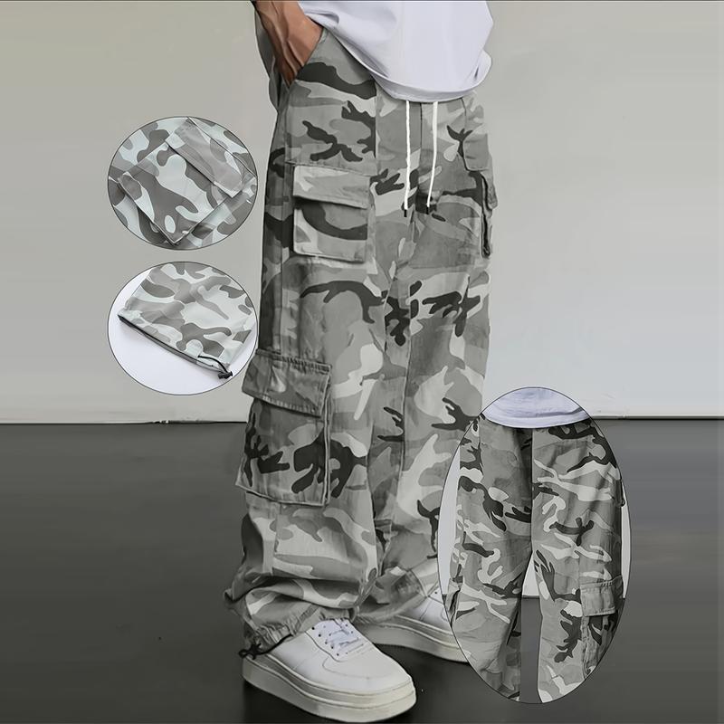 Camouflage men's work pants, regular fit, featuring reinforced stitching and functional cargo pockets, suitable for outdoor adventures and street fashion.