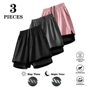 Clean Gent 3/1pack unisex quick-dry double-layer running shorts for outdoor marathons, track & field training, fitness workouts, casual wear, and night runs, featuring a faux two-piece design, drawstring waist, and reflective print.fathersdaygift