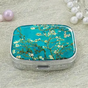 Blossoming Almond Tree Floral Metal Pill Box, 2 Grid Medicine Storage Box, Rectangle Decorative Box, Vitamin Pill Organizer for Pocket Purse and Travel Gifts, Healthcare, Medical Organizer