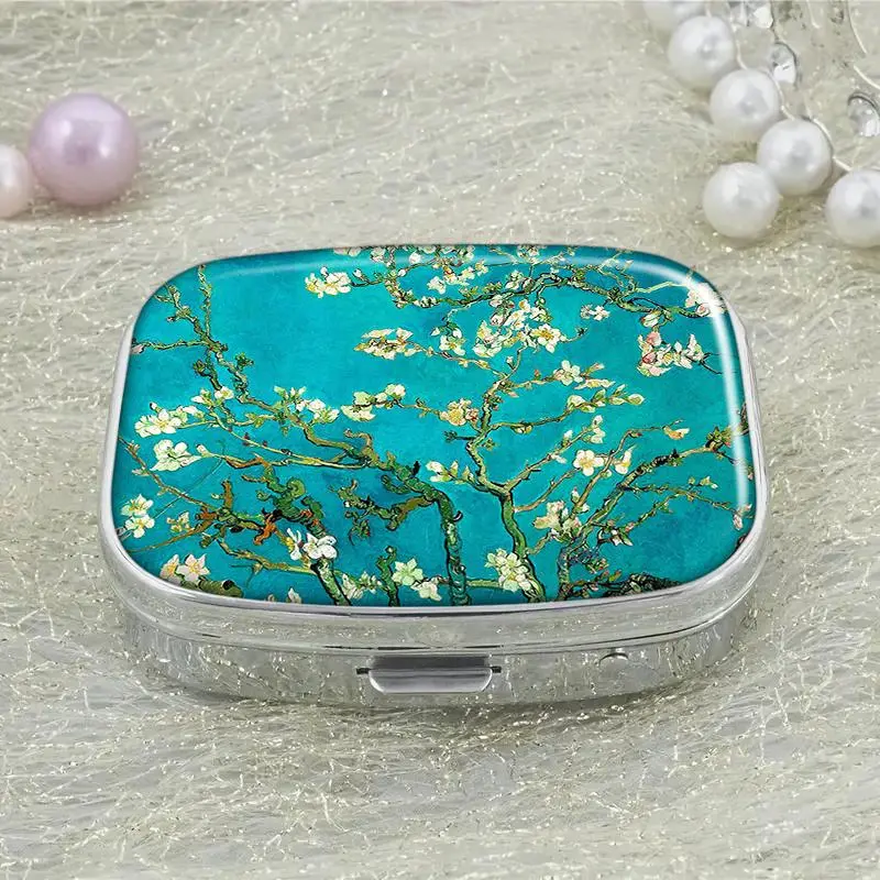 Blossoming Almond Tree Floral Metal Pill Box, 2 Grid Medicine Storage Box, Rectangle Decorative Box, Portable Vitamin Organizer, Vitamin Pill Organizer for Pocket Purse and Travel Gifts, Healthcare, Medical Organizer