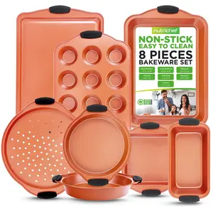 8-Piece Nonstick Bakeware Set - Copper | Carbon Steel Baking Pan Set with Black Handles & Cookie Sheet - Oven-Safe & Freezer Safe - Stackable Design - Home Kitchen Baking Essentials for Everyday Use