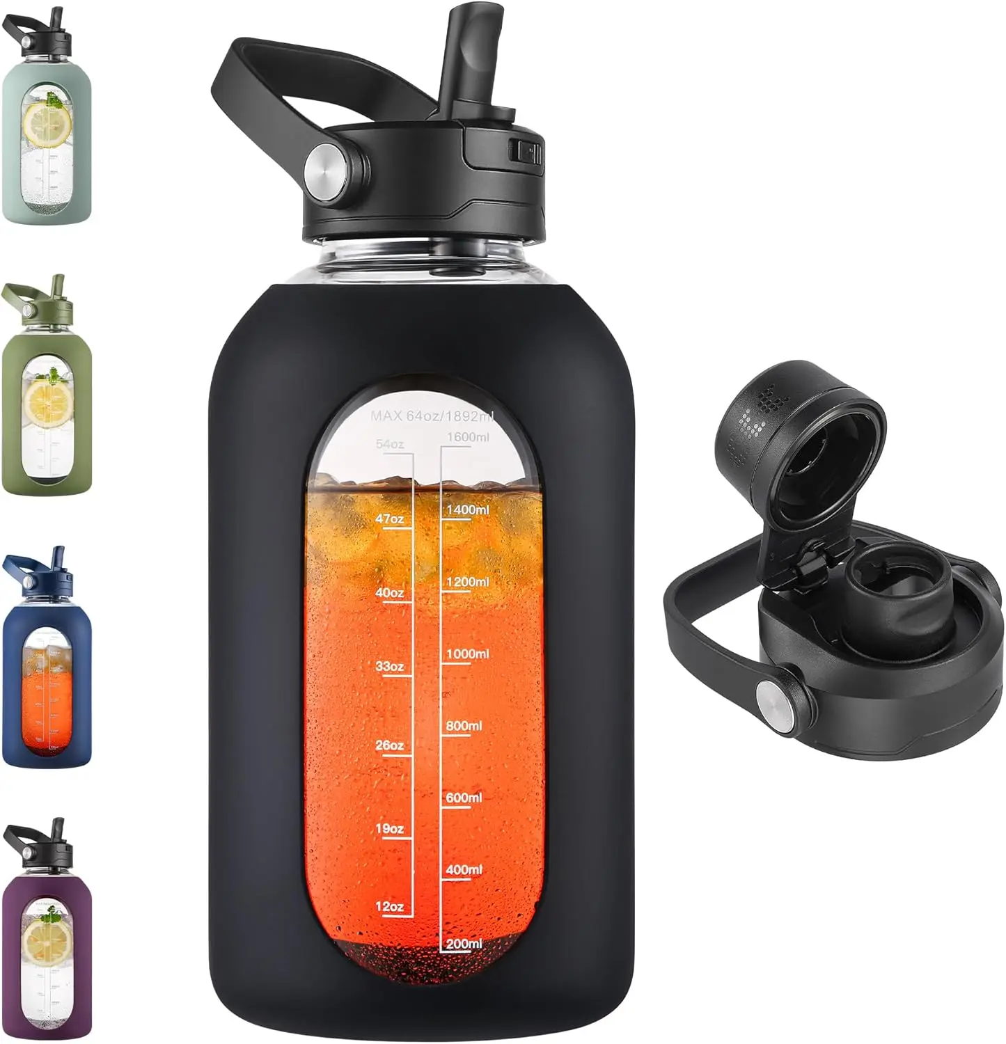 Motivational Water Bottle with Time Marker & Straw, Leakproof BPA-Free Sports Water Bottle with Carry Handle
