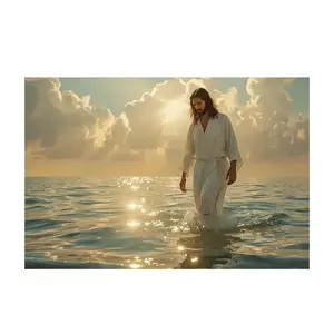 Christian Jesus Walking on Water Canvas Print Poster, Divine Light Spiritual Wall Decor, Modern Ready-to-Hang Religious Artwork for Faith-Inspired Home