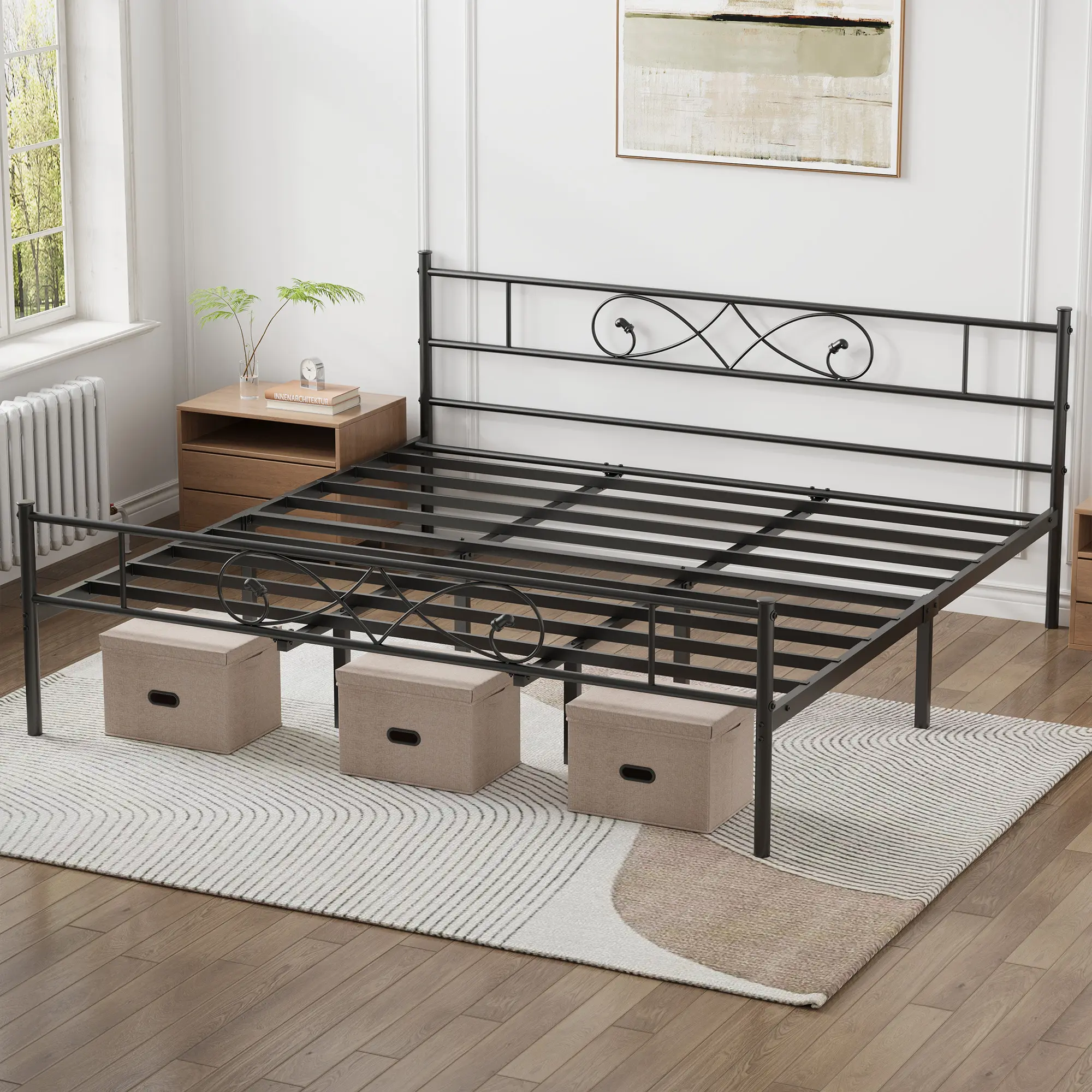 Matte Black Metal Platform Bed Frame with Distinctive Fist Design – Heavy Duty Steel Slats, Noise Free, Underbed Storage, Easy Assembly, No Box Spring Needed