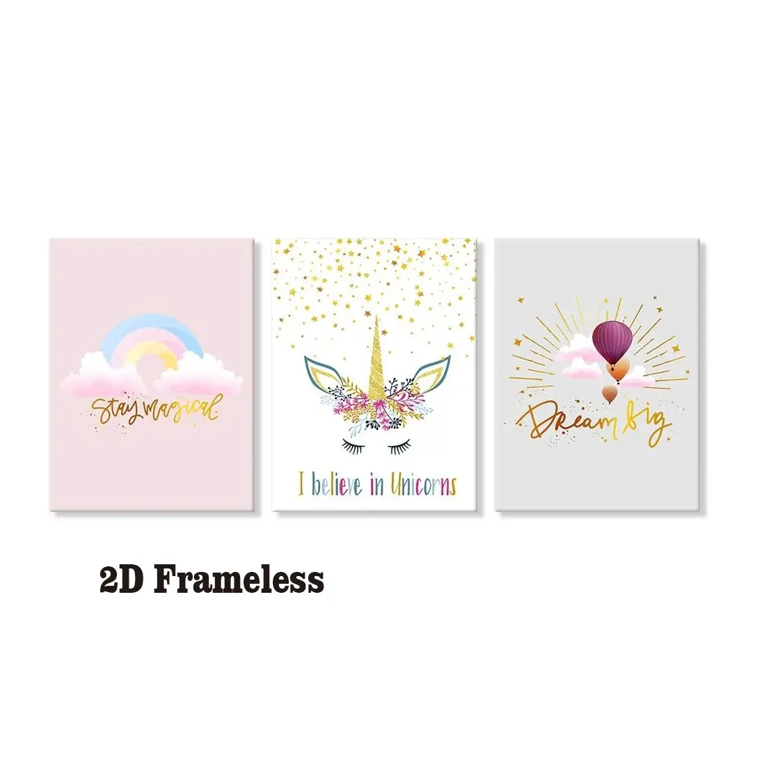 Set of 3 frameless canvas posters featuring a unicorn design, Decorative wall art, Decoration items, for decorating girls' rooms, features a rainbow-pink color scheme, with colorful hot-air balloons and cartoon unicorns, 2D flat design
