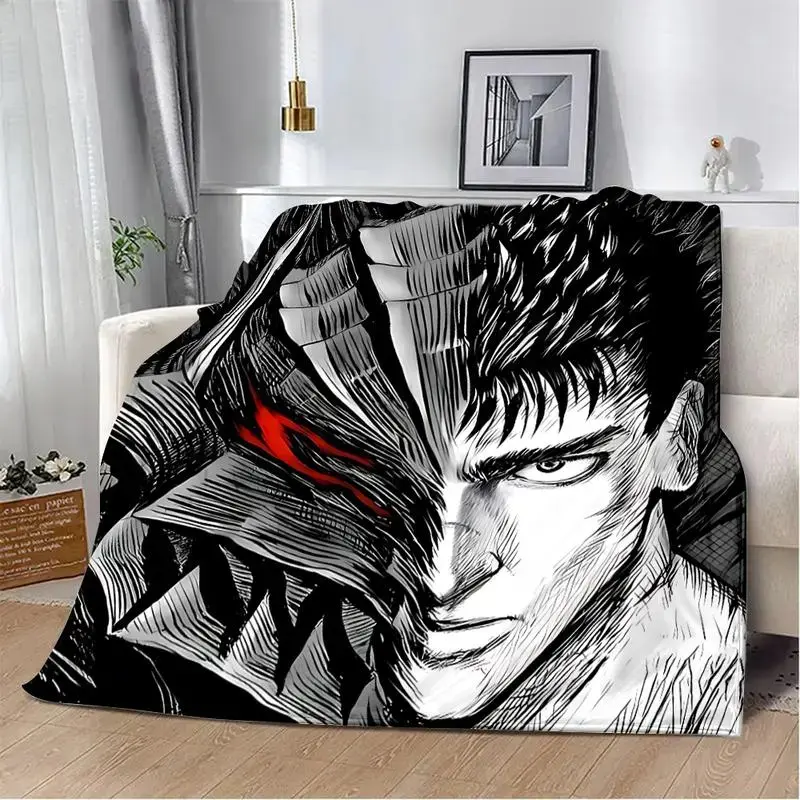 Berserk Guts Berserker Armor Half-Face Fleece Throw Blanket, Anime Panel Design, Dark Gothic Manga Style, Soft Black White Bedding-Sofa Cover, Otaku Gamer Gift, Dark Fantasy Edgy Room Decor, Throw Blankets, Anime Panel Blankets