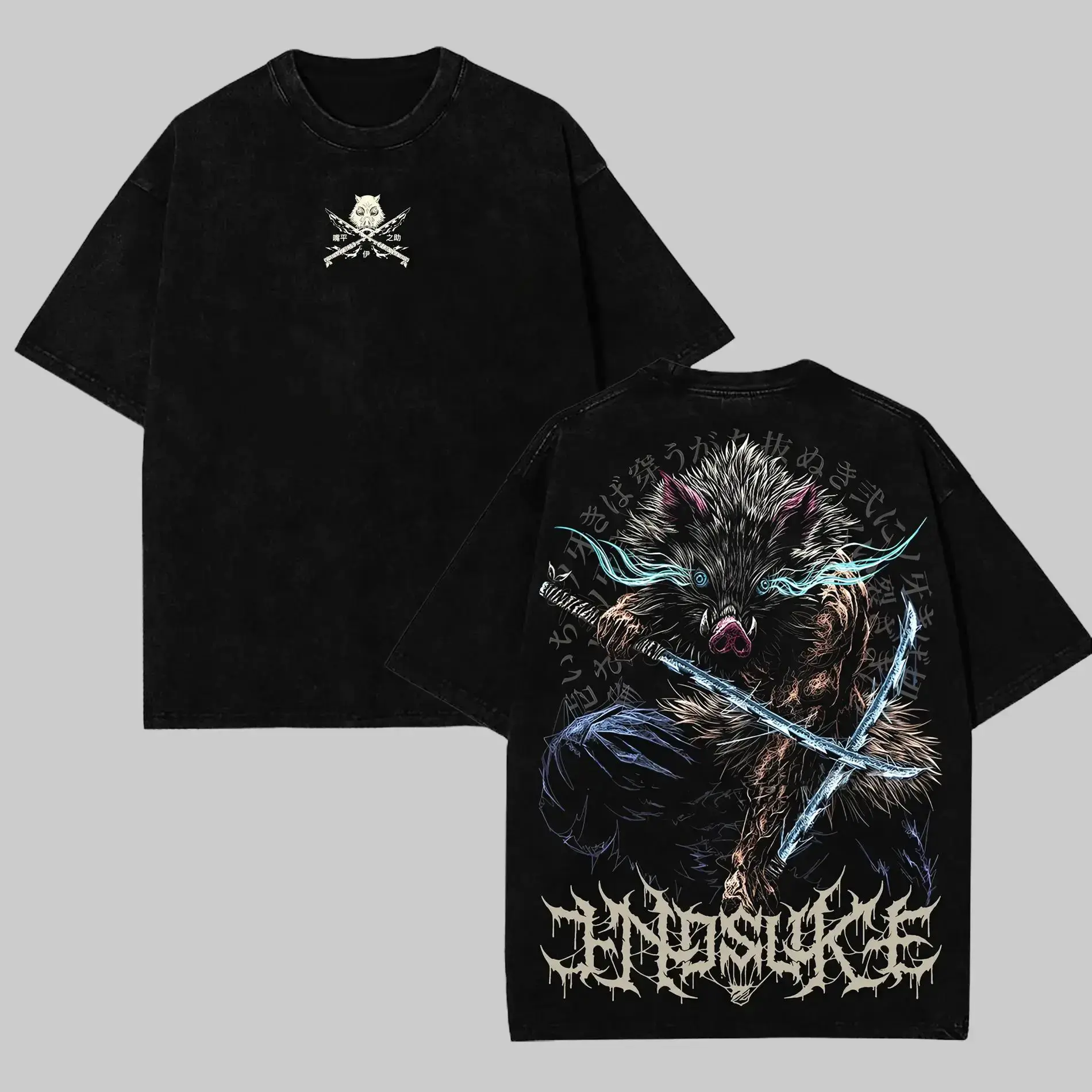 Demon Slayer Mens T-shirt, Inosuke Hashibira Shirt Tanjiro Kamado Tee Printed Kaos Short Sleeve Shirt Casual, Vintage Washed Tee Unisex Oversize Anime Manga Washed Heavyweight Cotton T-shirt