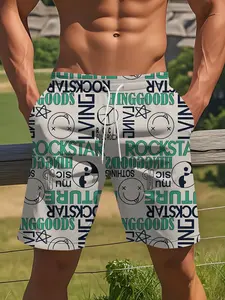 Men's Graffiti Rockstar Letter 3D Printed Drawstring Shorts, Street Style Summer Casual Pants, Loose-Fitting Daily Wear