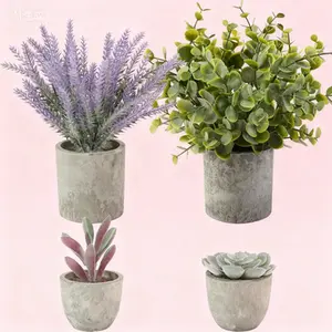 4 Pack Artificial Lavender Eucalyptus Succulents Potted Fake Plants Small Faux Greenery for Home Indoor Office Bathroom Living Room Shelf Decor