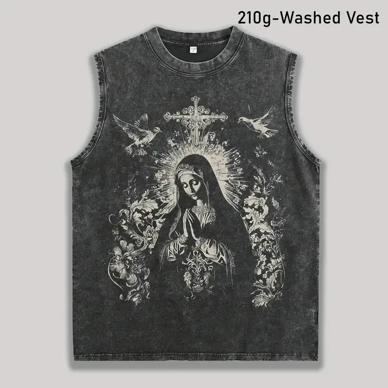 Vintage Acid Wash Virgin Mary Graphic Muscle Tee 210g Heavyweight Tank Top Y2K Grunge Streetwear Sleeveless Shirt