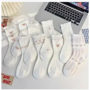 9 Pairs Spring Summer Women's Socks, Fashionable Unique Design, White Round Neck Patterned Cute Bow Mid Tube Socks, Comfortable, Breathable and Versatile, Suitable Daily Wear, Party Activities