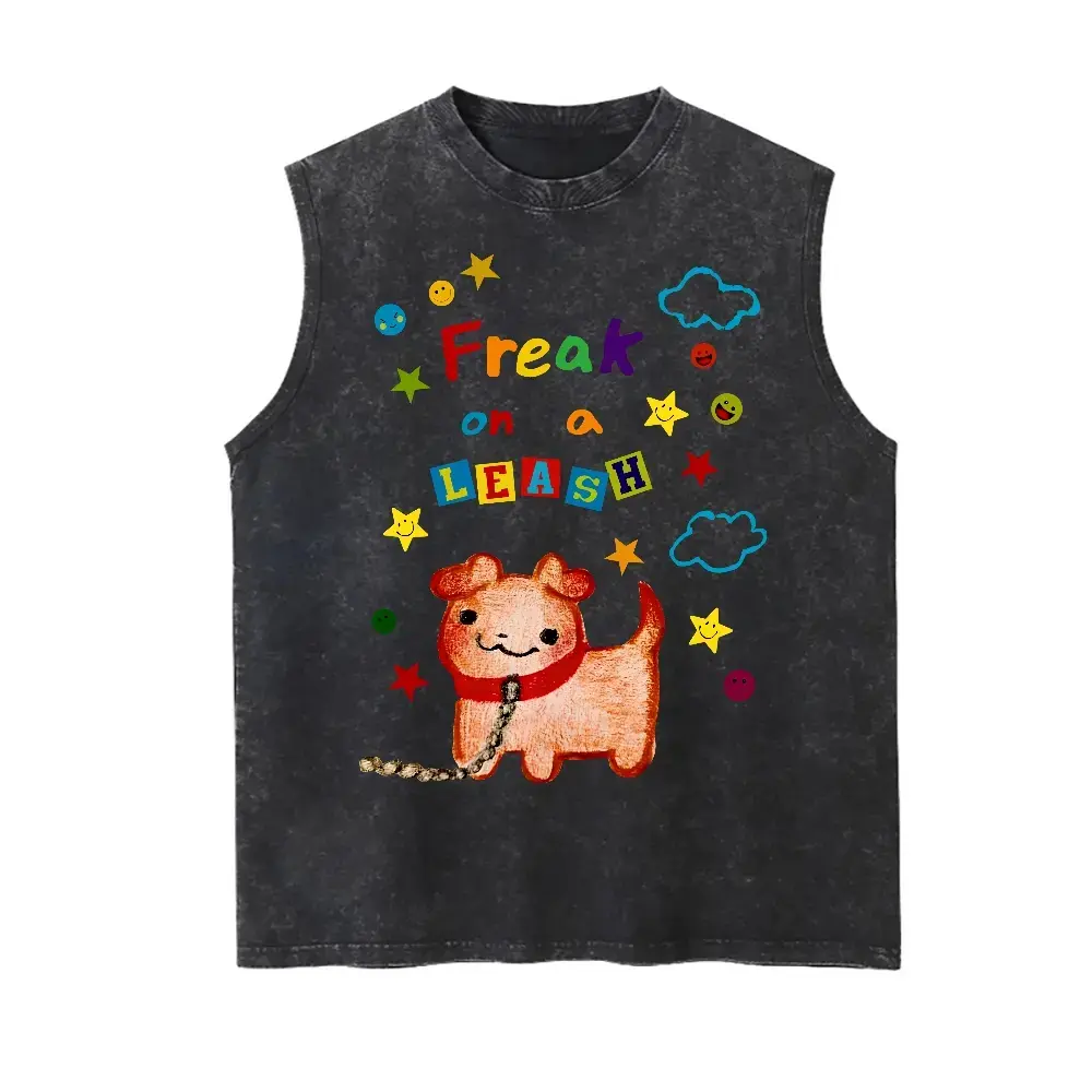 Funny Dog "Freak On A Leash" Hand Drawn Sarcastic Graphic Vintage Tank 90s Graphic Sleeveless Tank Tops Men Vest Streetwear Outfits Men Vacation Outfits Sleeveless Shirt