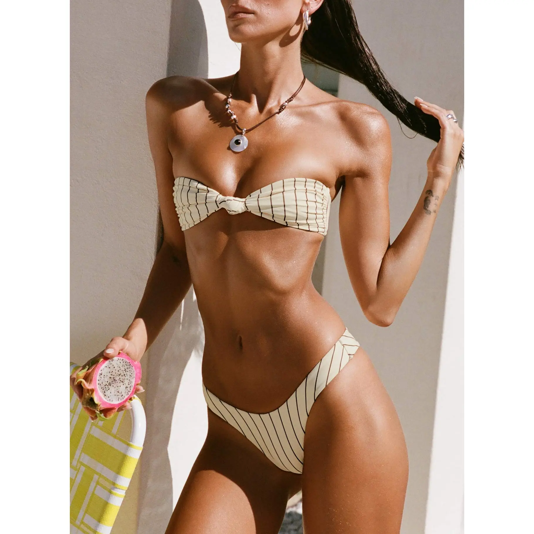 Nevaeh High Cut Bikini Bottoms Yellow Stripe