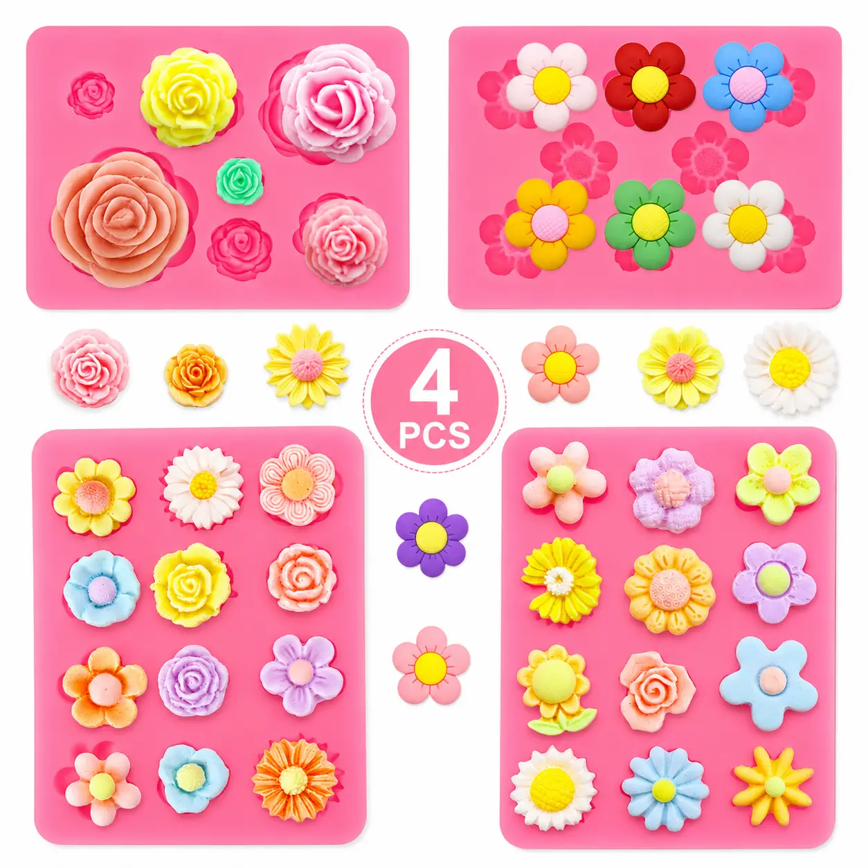4 Pcs Silicone 3D Rose & Daisy Baking Molds - Reusable, Flexible Cake 3D Flower Molds for Chocolate, Candy, Soap Making, Home Baking Supplies (-40°F to 230°F)