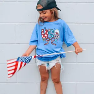 Youth USA  Shirt, Girl's 4th of July Tee, Coquette Fourth of July Tee, Patriotic Shirt, America Est Shirt, Red White and Blue