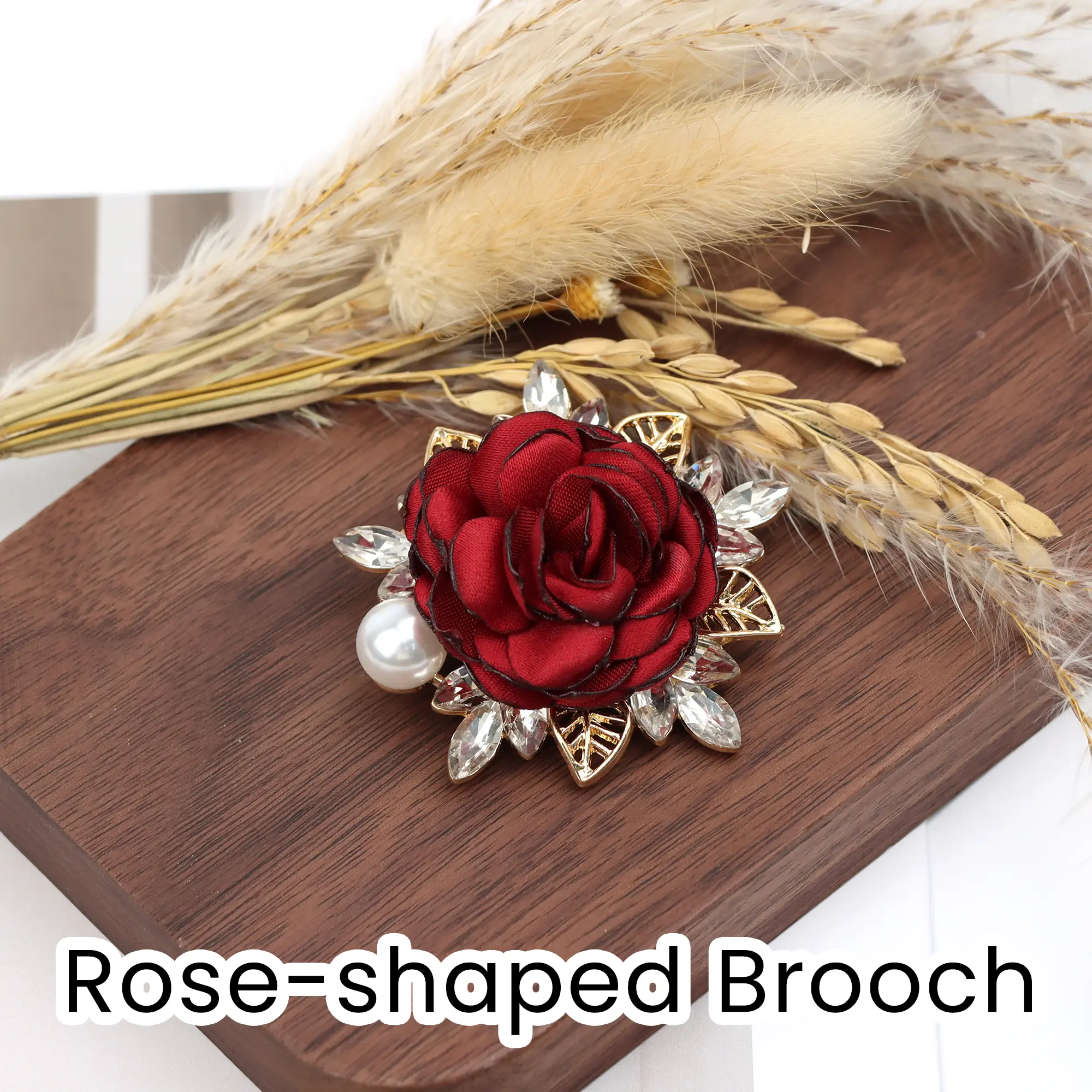 Rose Flower Brooch, Handcrafted Chiffon with Crystal Pearls for Refined Style