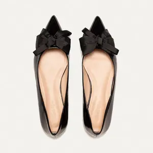 Patent Midnight Black Leather Bowknot Pointed Toe Flats