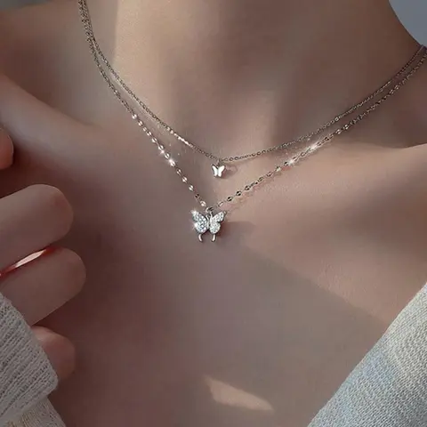 Women's Rhinestone Butterfly Decor Layered Chain, Casual Alloy Dainty Jewelry for Party, Daily Clothing Decor, Decorative Shining Necklace
