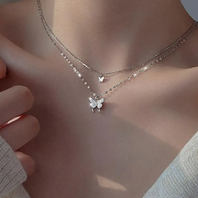 Women's Rhinestone Butterfly Decor Layered Chain, Casual Alloy Dainty Jewelry for Party, Daily Clothing Decor, Decorative Shining Necklace