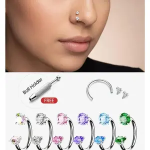 6PCS 18G Horseshoe Nose Ring Set, 316L Surgical Steel CZ Gem Septum Lip Helix Piercing Hoops with Ball Holder Tool & Guiding Needle