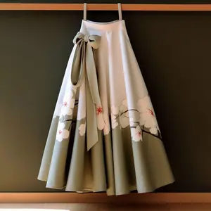 2024 Retro Chinese Hanfu Printed Colored Horse Face Skirt Women's Spring Fashion Versatile Folded Loose Mid Length Skirts Womenswear Bottom